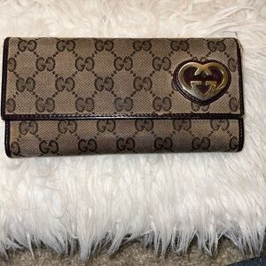 Authentic Pre- loved Gucci Long Wallet GG Canvas Leather Brown Womens